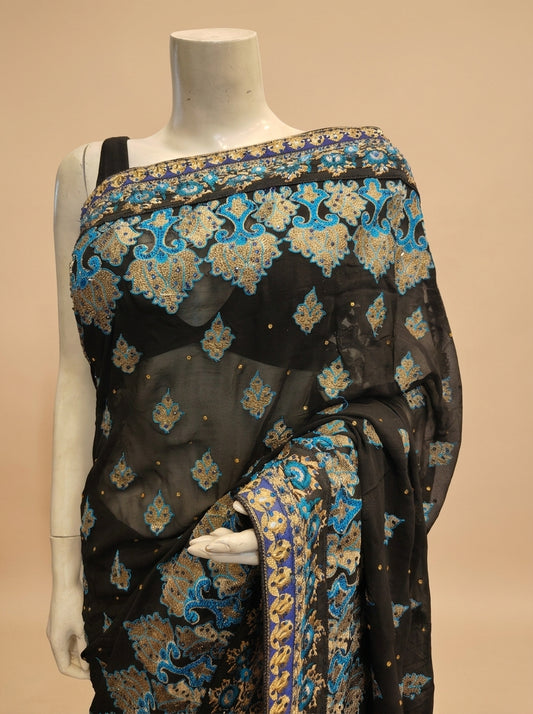 Black Chiffon Embroidered Saree With Unstitched Blouse