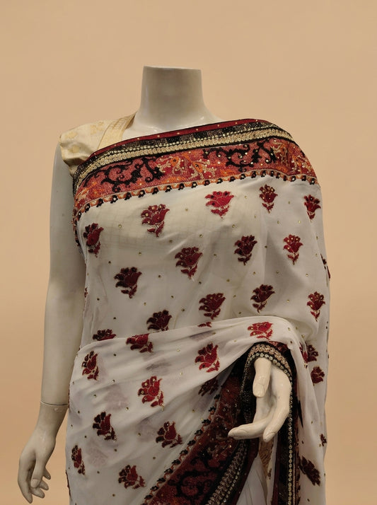 White Chiffon Embroidered Saree With Unstitched Blouse