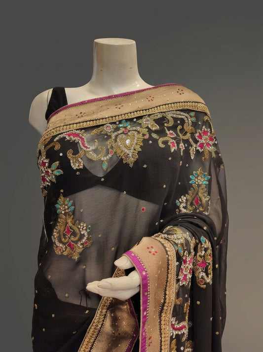 Black Chiffon Embroidered Saree With Unstitched Blouse