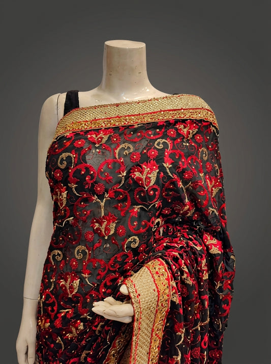 Black Georgette Embroidered Saree With Unstitched Blouse