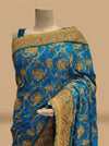 Dark Firozi Crepe Embroidered Saree With Unstitched Blouse