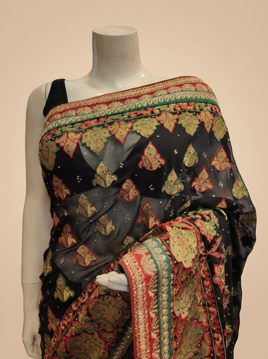 Black Georgette Embroidered Saree With Unstitched Blouse
