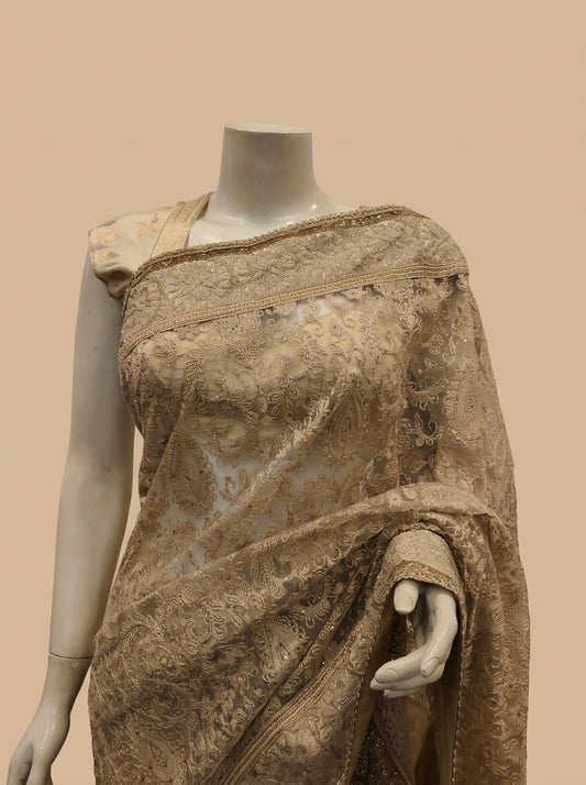 Tussar Gajari Net Embroidered Saree With Unstitched Blouse