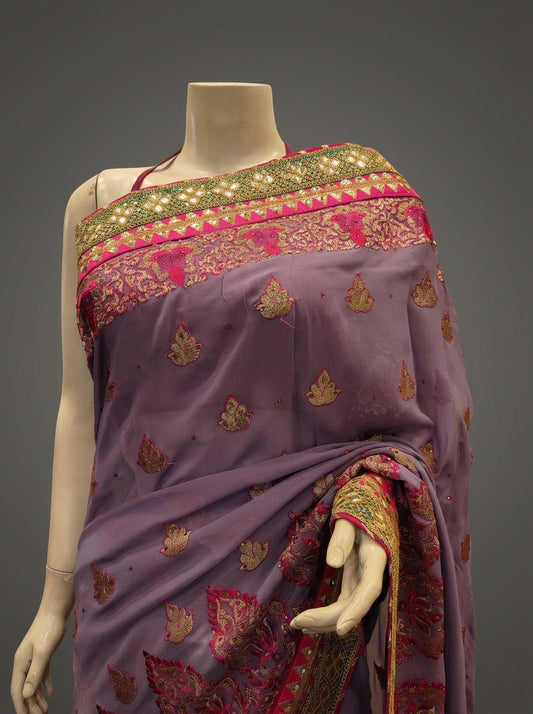 Mauve Georgette Embroidered Saree With Unstitched Blouse