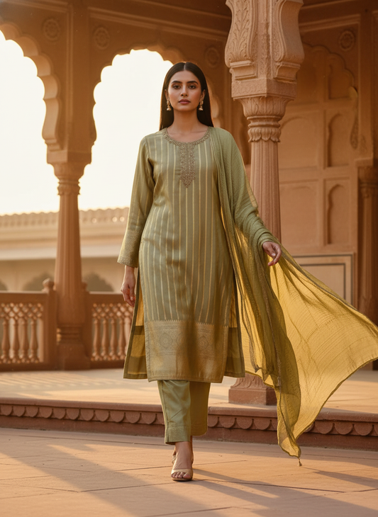 Wrapped in Elegance Pista Tissue Readymade Suit And Pant With Chinon Dupatta