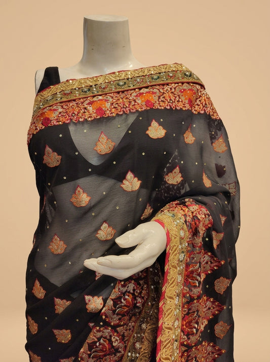 Black Georgette Embroidered Saree With Unstitched Blouse