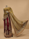 Red And Chikoo Foil Net Embroidered Lehenga Saree With Unstitched Blouse