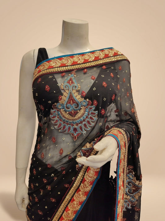 Black Chiffon Embroidered Saree With Unstitched Blouse