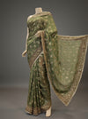 Mehndi Organza Embroidered Saree With Unstitched Blouse