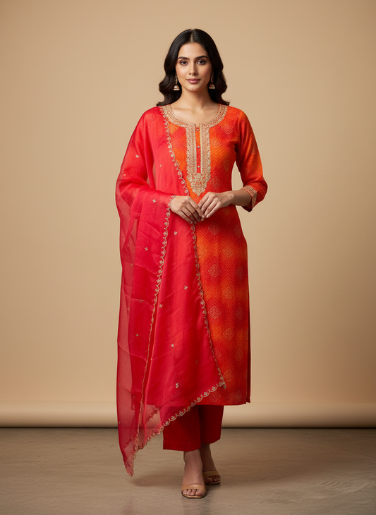 Soft As A Sunrise Coral Organza Unstitched Salwar Kameez With Organza Dupatta