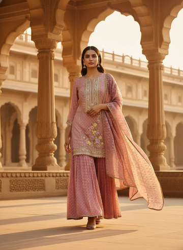 Glow Different In Gajari Tissue Readymade Sharara Set With Chinon Dupatta