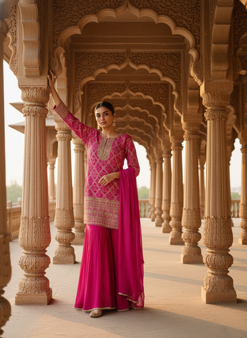 Timeless Elegance Rani Crepe Readymade Suit And Plazzo With Chinon Dupatta