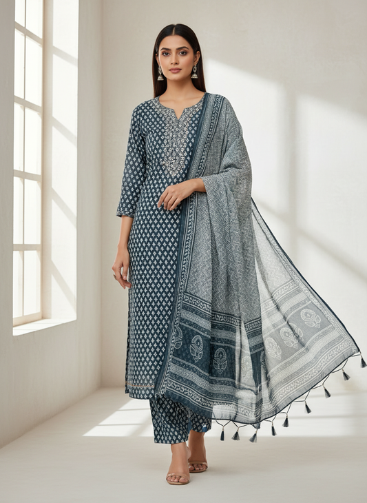 Draped In Elegance Grey Cotton Unstitched Salwar Kameez With Cotton Dupatta