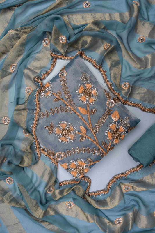 Grey Organza Unstitched Salwar Suit With Organza Dupatta