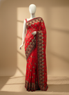 Red Georgette Embroidered Saree With Unstitched Blouse