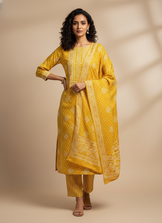 Mustard Cotton Unstitched Salwar Suit With Cotton Dupatta