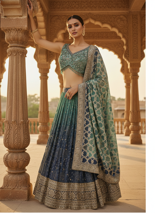 Rama Navy Tissue Lehenga Set And Tissue Dupatta With Readymade Blouse