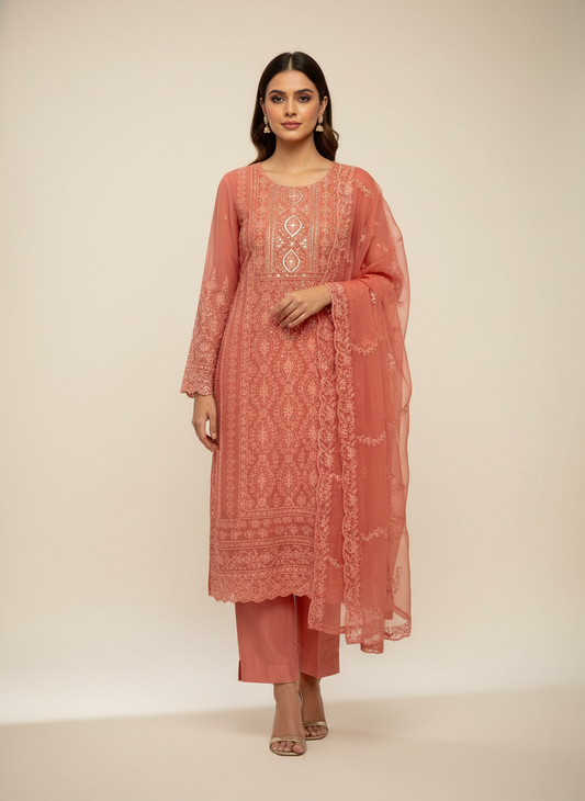 Glow Different In Gajari Georgette Unstitched Salwar Kameez With Chiffon Dupatta