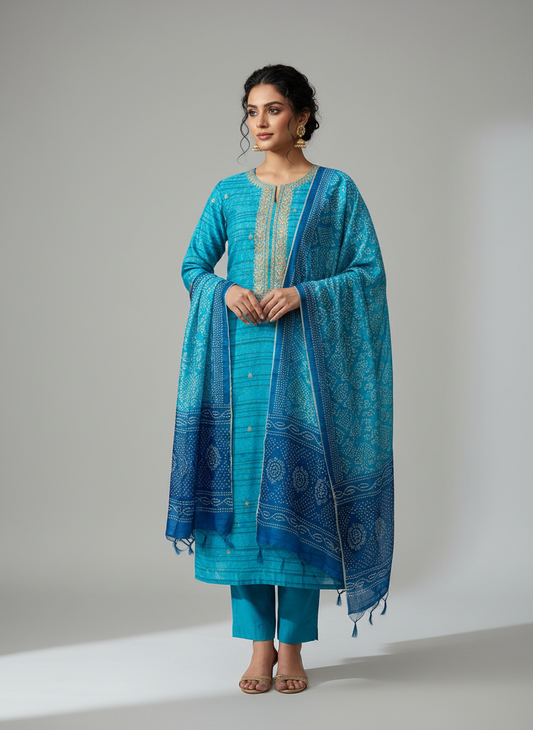 Timelessly Yours Sky Blue Unstitched Cotton Salwar Kameez With Cotton Dupatta
