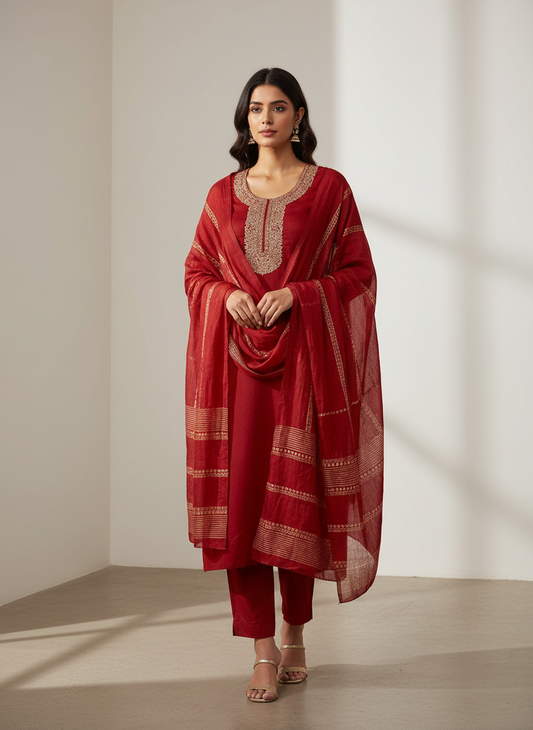 Heritage Heirloom Maroon Cotton Unstitched Salwar Kameez With Cotton Dupatta