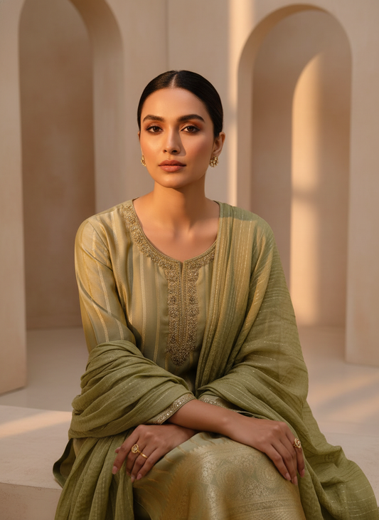 Wrapped in Elegance Pista Tissue Readymade Suit And Pant With Chinon Dupatta