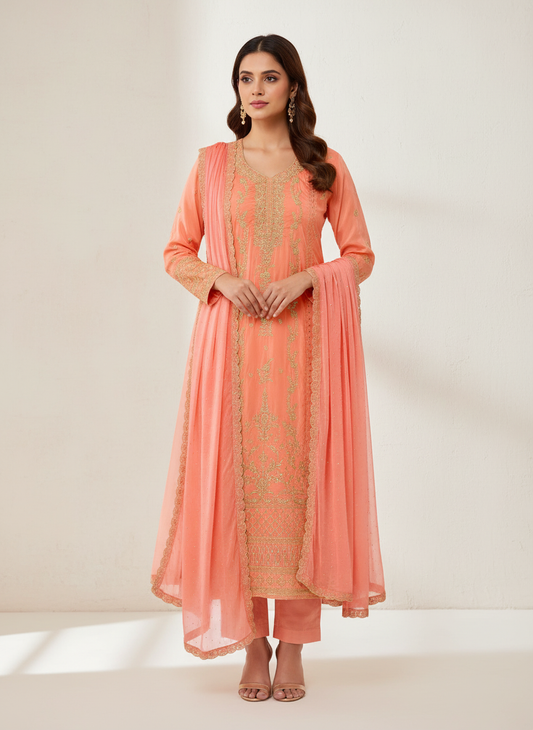 Graceful Flow Peach Unstitched Crepe Salwar Kameez With Chiffon Dupatta