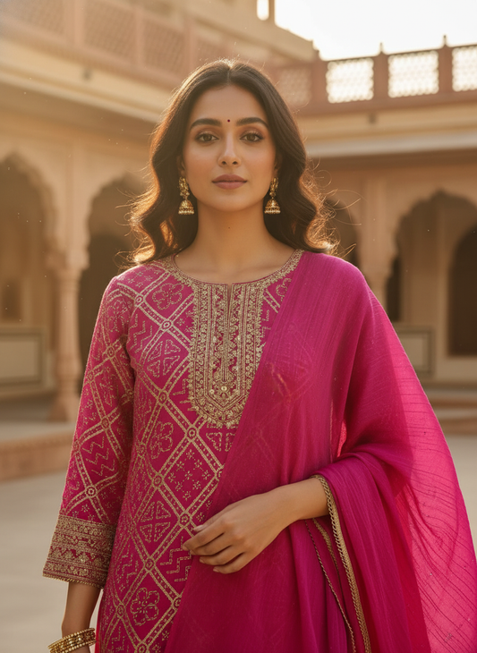 Timeless Elegance Rani Crepe Readymade Suit And Plazzo With Chinon Dupatta