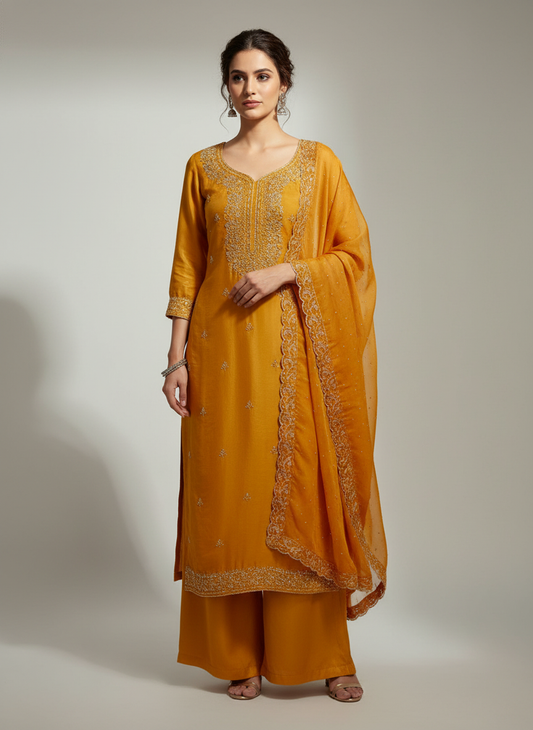 Sunshine Charm Mustard Crepe Unstitched Salwar Kameez & Chiffon Dupatta