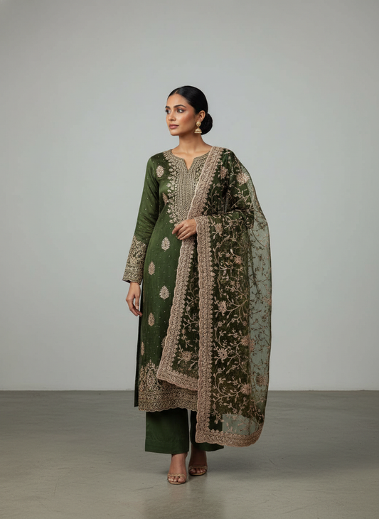 Celebrate tradition in Mehndi Organza Unstitched Salwar Kameez With Organza Dupatta