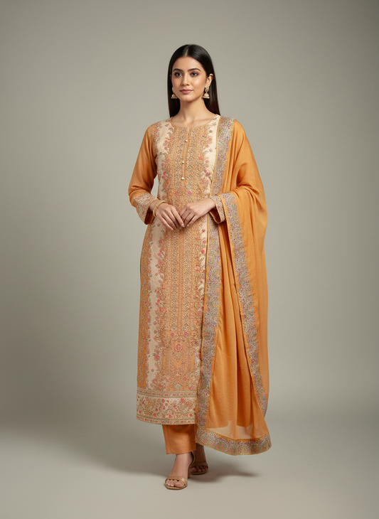 Sunshine Charm Mustard Muslin Unstitched Salwar Kameez With Chiffon Dupatta