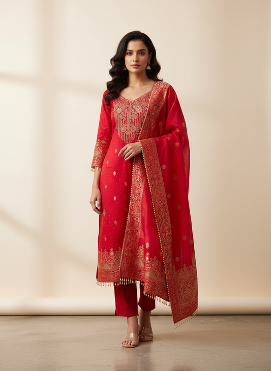 Heritage Heirloom Maroon Crepe Unstitched Salwar Kameez With Crepe Dupatta