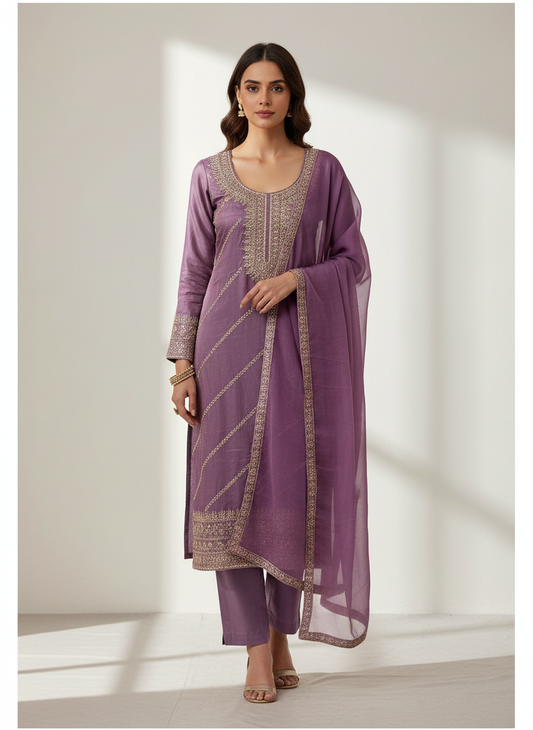 Delicate And Dreamy Mauve Crepe Unstitched Salwar Kameez With Chiffon Dupatta