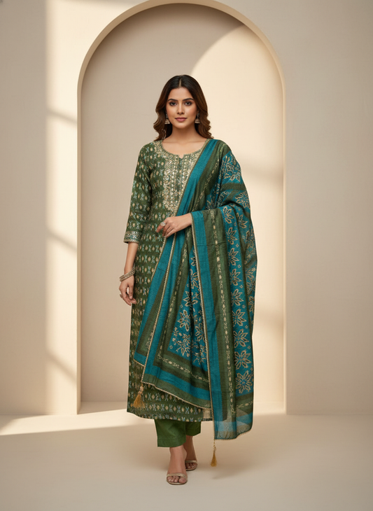 Celebrate Tradition Mehndi Cotton Unstitched Salwar Kameez With Cotton Dupatta