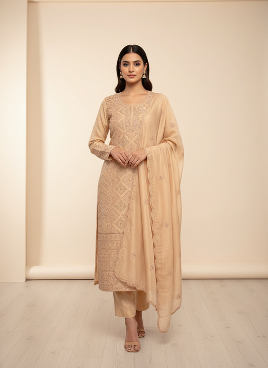 Graceful Flow Peach Organza Unstitched Salwar Kameez With Organza Floral Dupatta