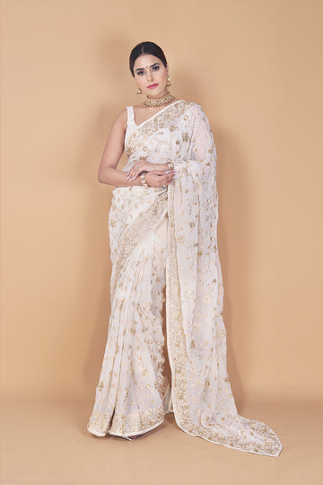 Georgette Embroidered Saree With Zari Thread Work