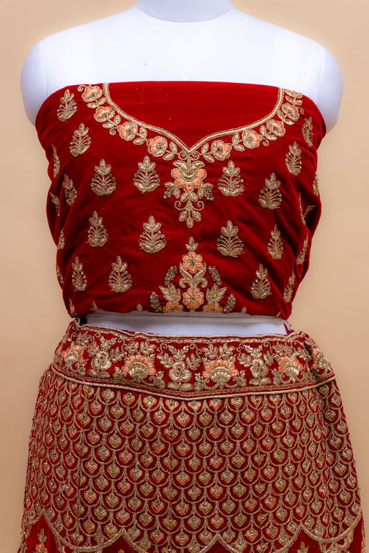 Maroon Velvet Lehenga Set With Net Dupatta