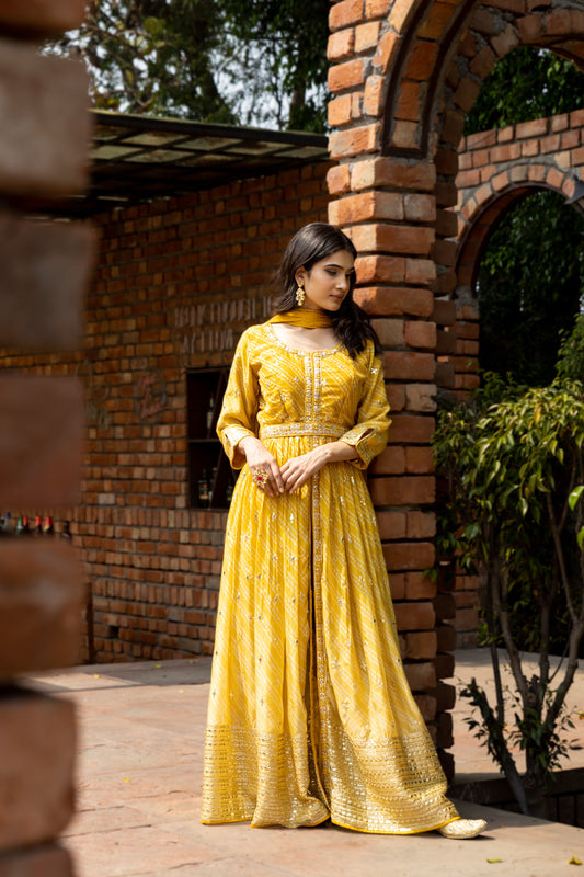 Organza Floor Length Readymade Suit With Chinon Dupatta (Ft:-Manali Gandhi)