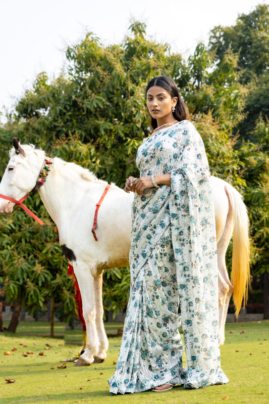 White Net Embroidered Saree With Unstitched Blouse