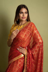 Red Chiffon Embroidered Saree With Digital Print & Readymade Blouse