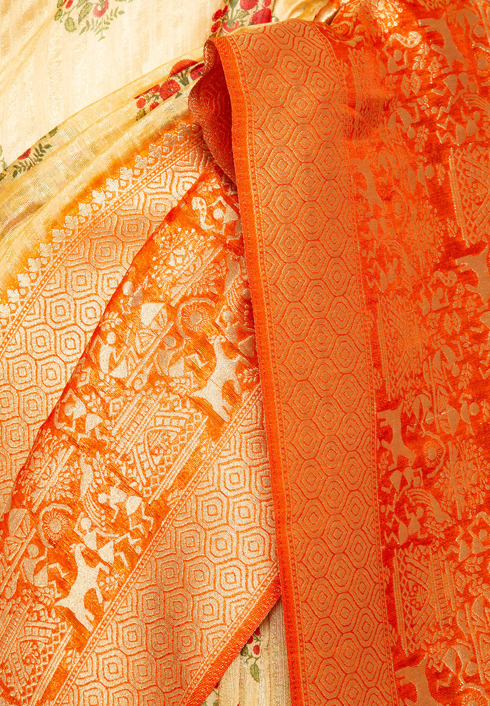Pure Cotton Maheswari Block Printed Banarasi Woven Saree for women - Panna Sarees