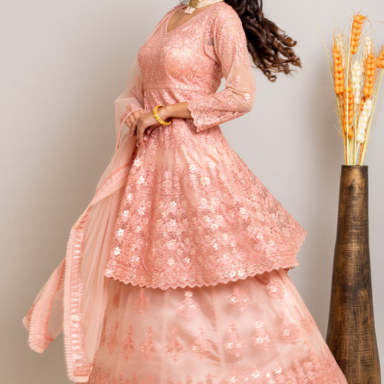 Net Lehenga Set And Net Dupatta With Thread Work, Zarkan Work, Gotta Patti & Stone Work freeshipping - Panna Sarees